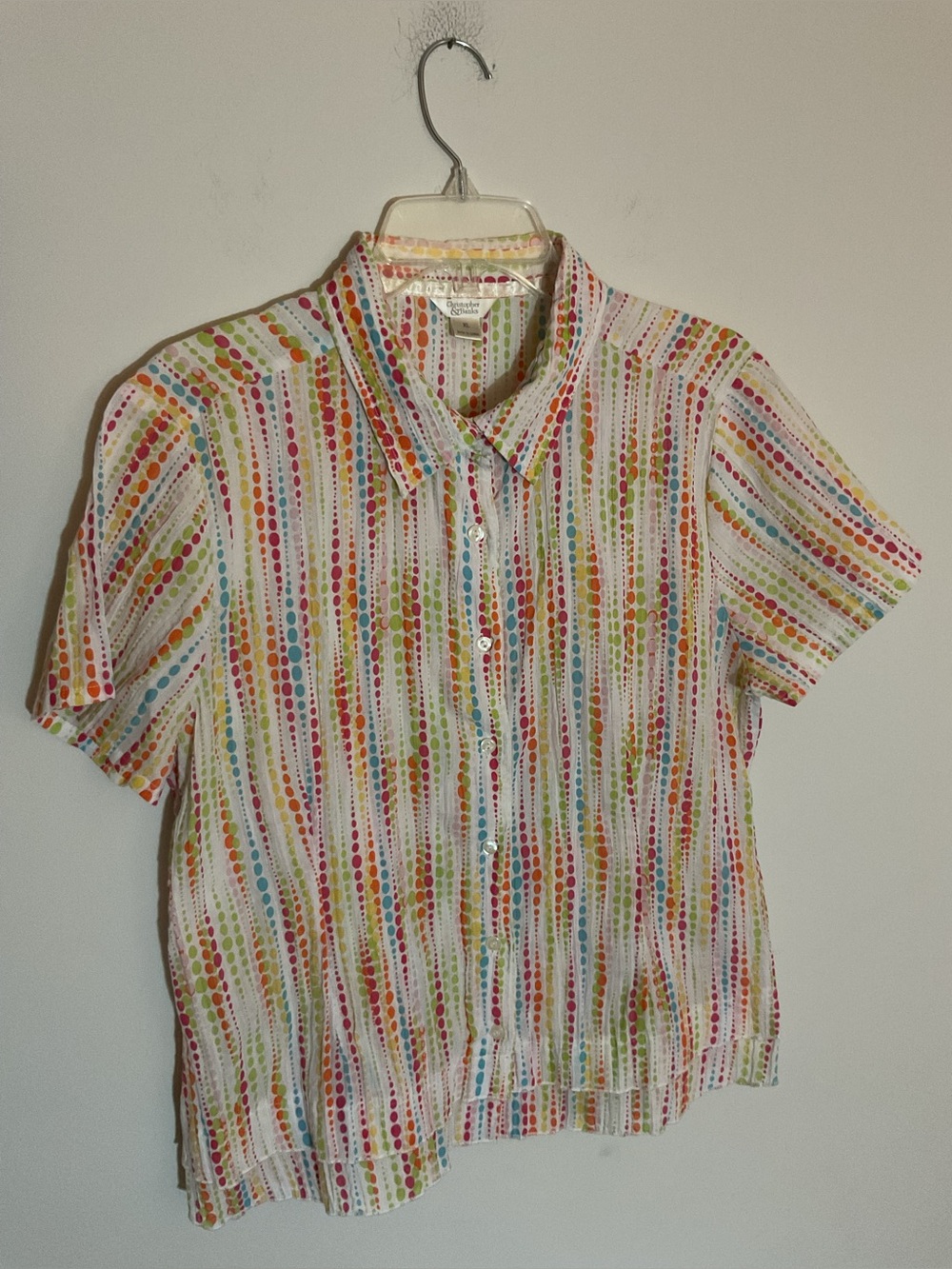 Christopher & Banks White Short-Sleeve Button-Down with Multicolor Dot Stripes